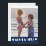 Warm Wishes Florida Beach Family Photo Christmas Holiday Card<br><div class="desc">Christmas holiday cards in a modern beach nautical "warm wishes" navy blue and white sand dollar design. Customise with your photo and names. This beach Christmas holiday card reverses to a navy blue and white nautical stripe design on the back. I can modify this card to a different colour to...</div>