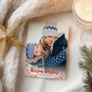 Warm Wishes Foliage Red Script Photo Christmas Postcard