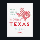 Warm Wishes from the Heart of Texas Postcard<br><div class="desc">Modern holiday greetings from the heart Texas red, sea foam and white design Postcard great for catching up and sending some kind words to the friends and family during the holidays and showing the love for the Texas. Personalise your Family name and year and share with you friends for holidays...</div>