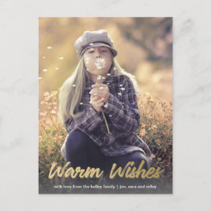 Warm Wishes Gold Script Vertical Holiday Photo Postcard