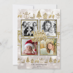 Warm Wishes Gold & White Sparkle Holiday 4 Photo Card