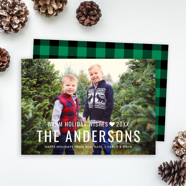 Warm Wishes Green Buffalo Plaid Family Photo Holiday Card (Creator Uploaded)