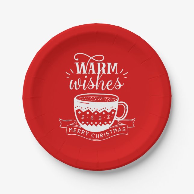 Warm Wishes Hot Cup Coffee Cocoa Red White   Paper Plate (Front)