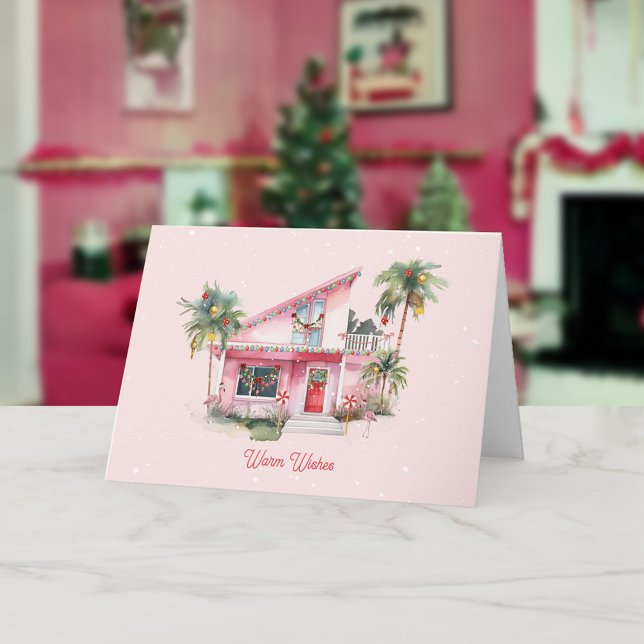 Warm Wishes Midcentury Modern House Pink Christmas Card (Creator Uploaded)