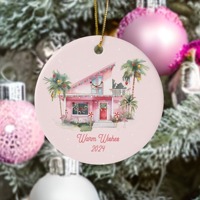 Warm Wishes Midcentury Modern House Pink Christmas Ceramic Tree Decoration (Creator Uploaded)
