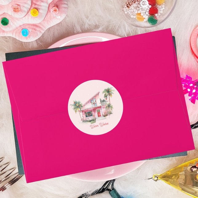 Warm Wishes Midcentury Modern House Pink Christmas Classic Round Sticker (Creator Uploaded)