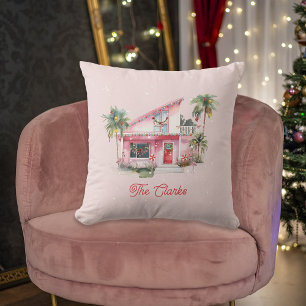 Warm Wishes Midcentury Modern House Pink Christmas Cushion