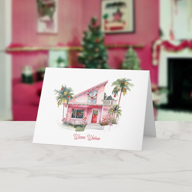 Warm Wishes Midcentury Modern Pink House Christmas Card (Creator Uploaded)
