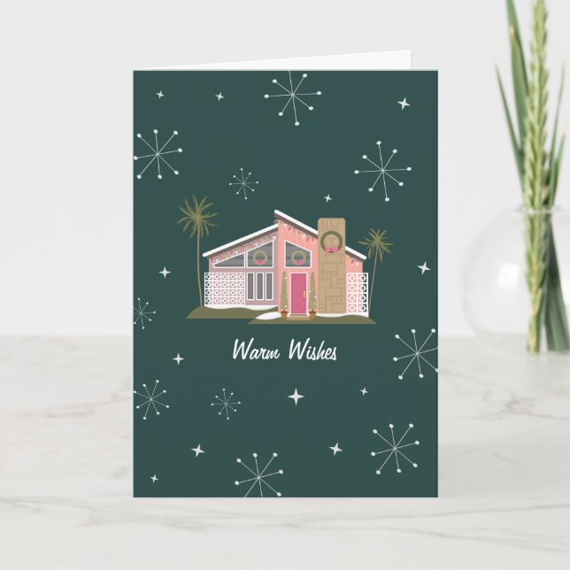 Warm Wishes Midcentury Pink House Christmas Holida Holiday Card (Front)