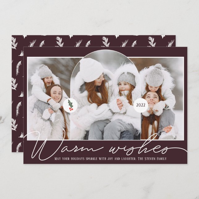 Warm wishes modern arch 3 photos plum white holiday card (Front/Back)