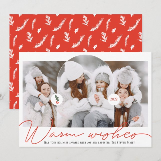 Warm wishes modern arch 3 photos red script holiday card (Front/Back)