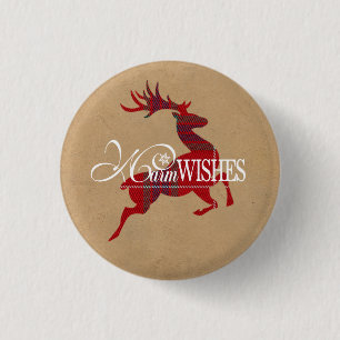 Warm Wishes Reindeer Tartan Red/Kraft ID589 3 Cm Round Badge