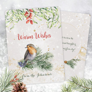 Warm Wishes Robin Snow Mistletoe Gold Accents Holiday Card