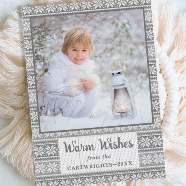 Warm Wishes Snowflake Sweater Photo Grey Holiday Card (Creator Uploaded)