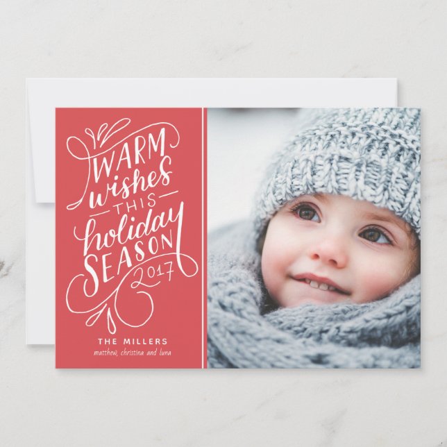 Warm Wishes This Holiday Hand Lettered 1-Photo Red Card (Front)