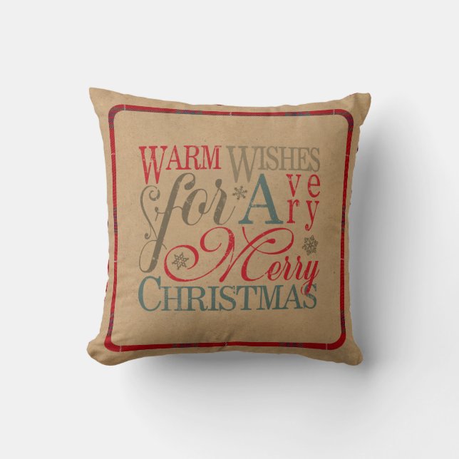 Warm Wishes Typography Kraft & Tartan Red ID589 Cushion (Front)