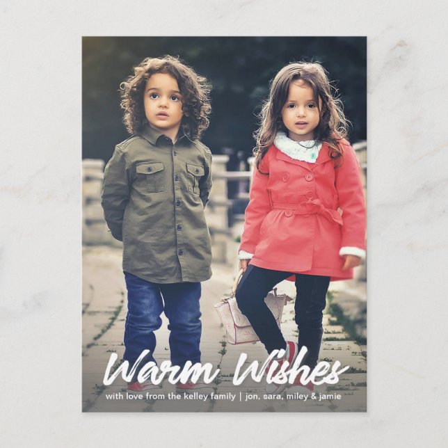 Warm Wishes White Script Vertical Holiday Photo Postcard (Front)