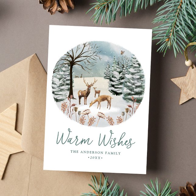 Warm Wishes Woodland Deer Winter Scene Non-Photo Holiday Card (Creator Uploaded)