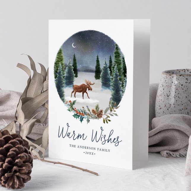 Warm Wishes Woodland Moose Winter Scene Non-Photo Holiday Card (Creator Uploaded)