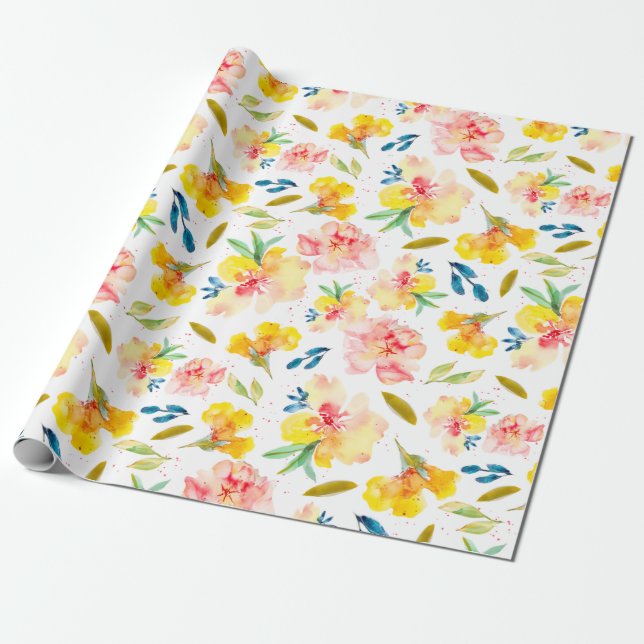 Warm Yellow and Pink Watercolor Floral Wrapping Paper (Unrolled)
