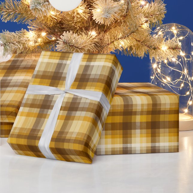Warm Yellow Brown Autumn Check Honey Plaid Pattern Wrapping Paper (Holidays)