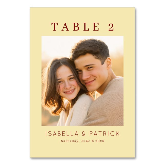 Warm Yellow Minimalist Photo Table Number (Front)