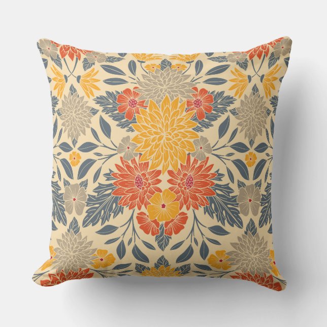 Warm Yellow, Orange & Blue Floral Cushion (Front)