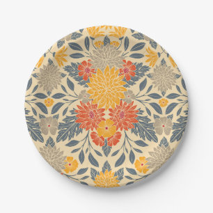 Warm Yellow, Orange & Blue Floral Paper Plate