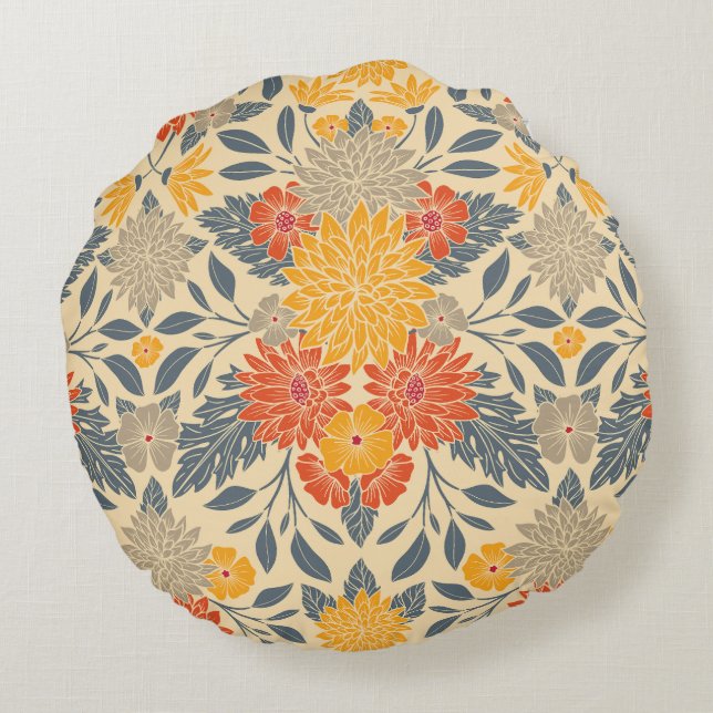 Warm Yellow, Orange & Blue Floral Round Cushion (Back)