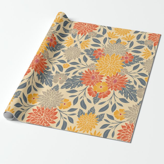 Warm Yellow, Orange & Blue Floral Wrapping Paper (Unrolled)