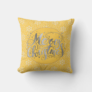 Warm Yellow Silver Merry Christmas White Snowflake Cushion