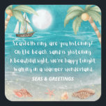 Warmer Wonderland Tropical Beach Christmas  Square Sticker<br><div class="desc">Tropical, whimsical Christmas stickers (or envelope seals) feature a moonlight beach with seashells and glistening sand, palm trees, and a ship sailing in the turquoise sea. The lyrics are to the tune of "Winter Wonderland" but with a tropical twist that says: "Seashells ring, are you listening? -- On the beach,...</div>