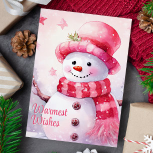 Warmest Wishes Adorable Pink Snowman Holiday Card