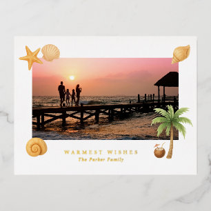 Warmest Wishes Beach Photo Modern Christmas Foil Holiday Postcard