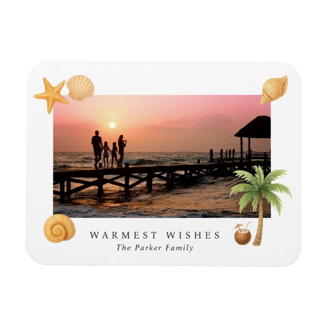 Warmest Wishes Beach Photo Modern Christmas Magnet (Horizontal)