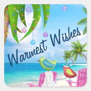 Warmest Wishes Birds and Christmas Palm Tree Beach Square Sticker