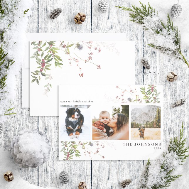 Warmest Wishes Botanical 3 Photo Holiday Card (Creator Uploaded)