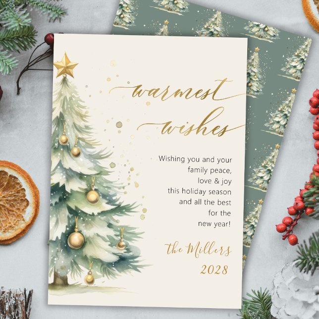 Warmest Wishes Chic Gold Script Christmas Tree  Holiday Card (Creator Uploaded)