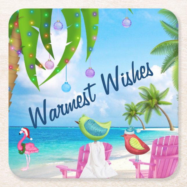 Warmest Wishes Cute Birds Beach Christmas Holiday Square Paper Coaster (Front)