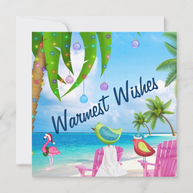 Warmest Wishes Cute Birds Tropical Beach Christmas Holiday Card (Front)