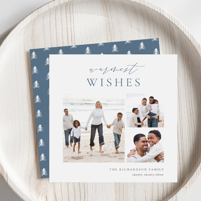 Warmest Wishes Elegant 3 Photo Collage Christmas Holiday Card (Creator Uploaded)