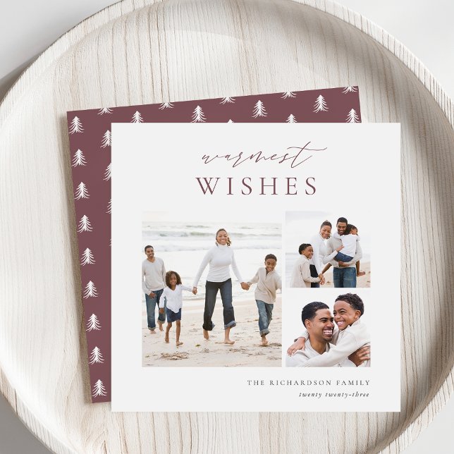 Warmest Wishes Elegant 3 Photo Collage Christmas Holiday Card (Creator Uploaded)