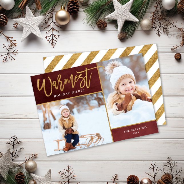 Warmest Wishes Faux Gold Foil 2 Photo Holiday Card (Creator Uploaded)