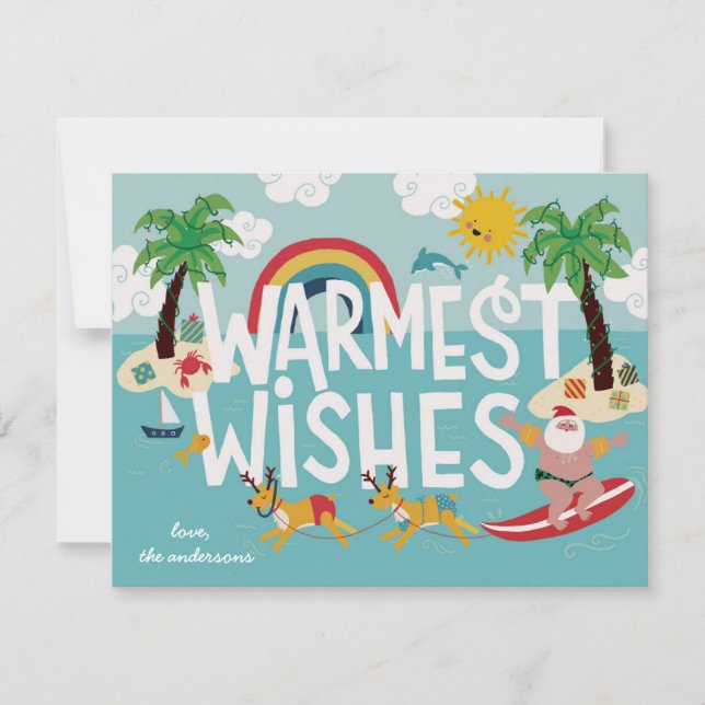 Warmest Wishes Funny Surfing Santa and Beach Holiday Card (Front)