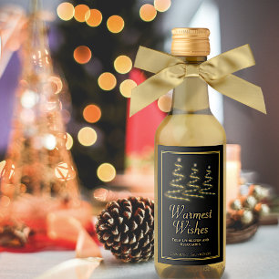 Warmest Wishes Gold & Black Holiday Trees Mini Wine Label
