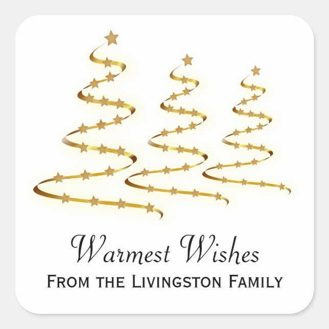 Warmest Wishes Gold Ribbon Christmas Trees Square Sticker (Front)
