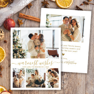 Warmest Wishes Gold Script 4 Photo Christmas Card