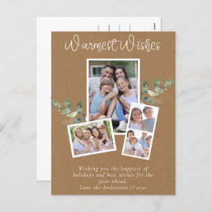 Warmest Wishes Kraft Eucalyptus Photo Collage Holiday Postcard