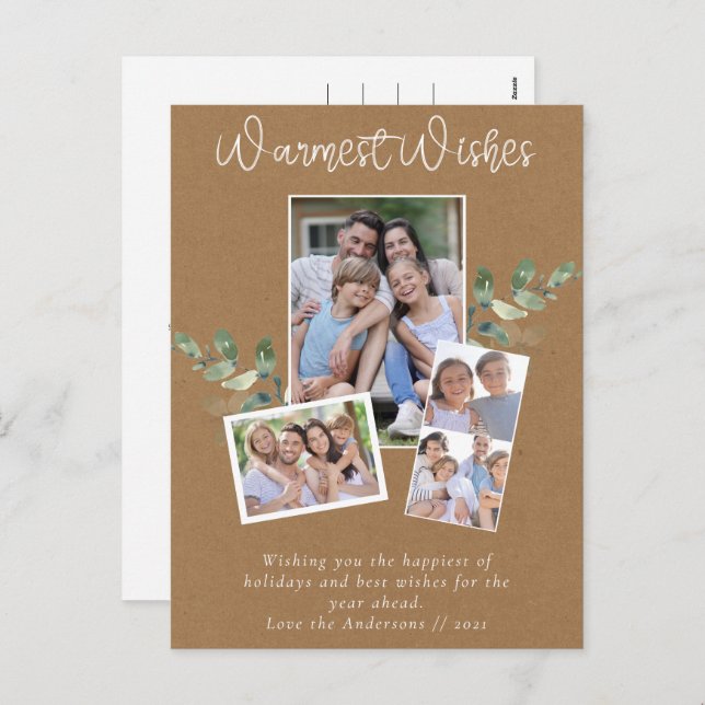 Warmest Wishes Kraft Eucalyptus Photo Collage  Holiday Postcard (Front/Back)