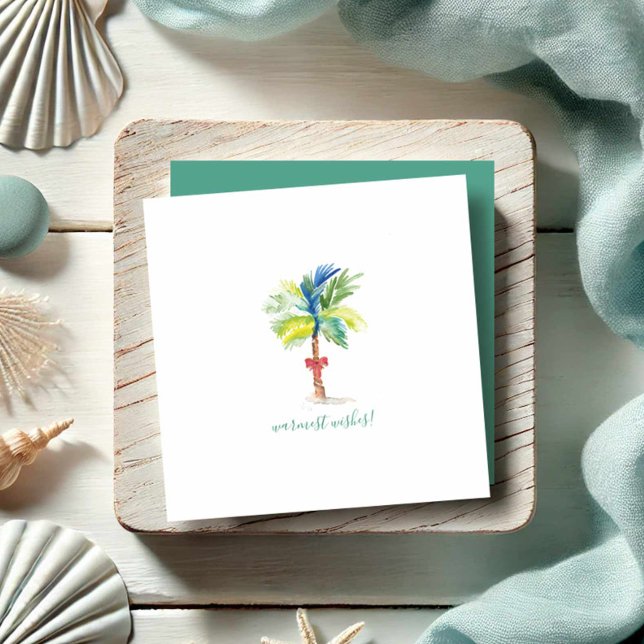 Warmest Wishes Mini Christmas Palm Tree Card (Tropical watercolor Christmas cards feature palm tree and red ribbon art by Victoria Grigaliunas)